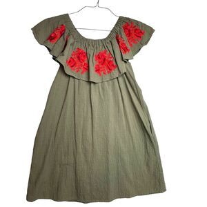 Umgee USA Medium Mini Dress Olive Green‎ Floral Embroidery Off Shoulder Boho